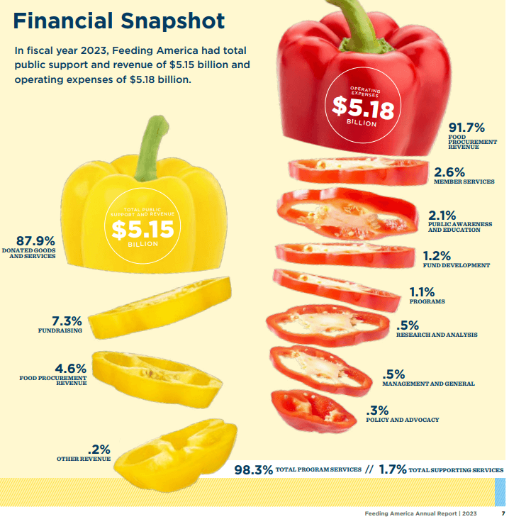 Screenshot of the Feeding America 2023 Annual Report showing a unique graphic that depicts the organization's financials for the year