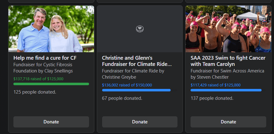 This image shows some examples of peer-to-peer fundraising campaigns on Facebook.
