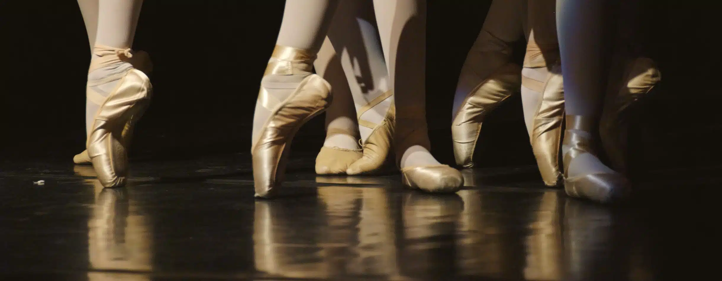 A group of ballet dancers are shown with their pointe shoes shown in the image.
