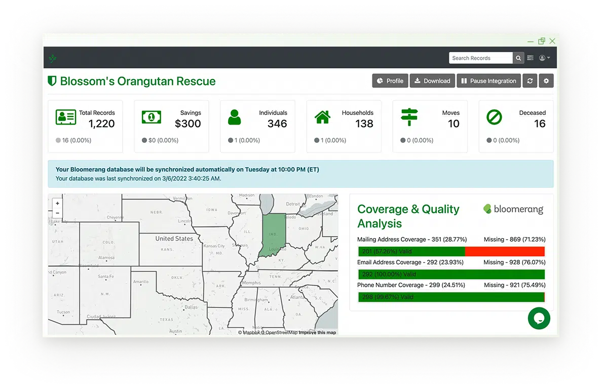Desktop user interface showing the ability to better understand where your donors are moving for your mail appeals.