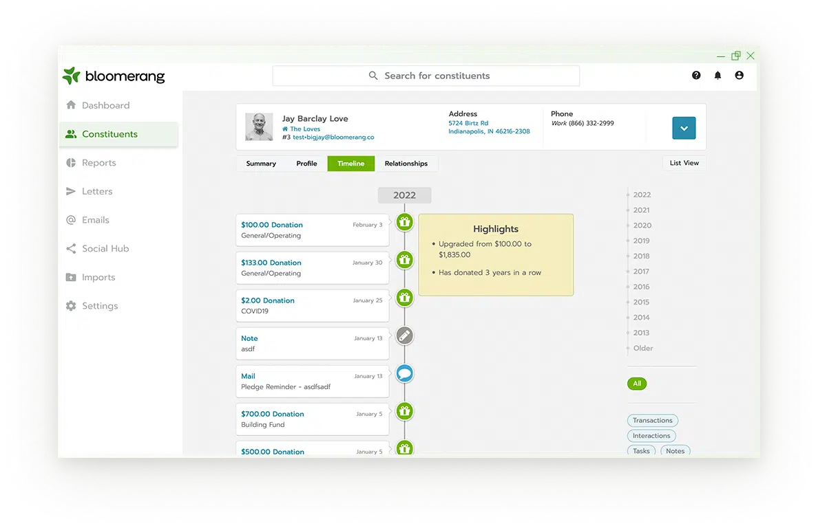 Desktop user interface showing a donor's history with giving to your organization