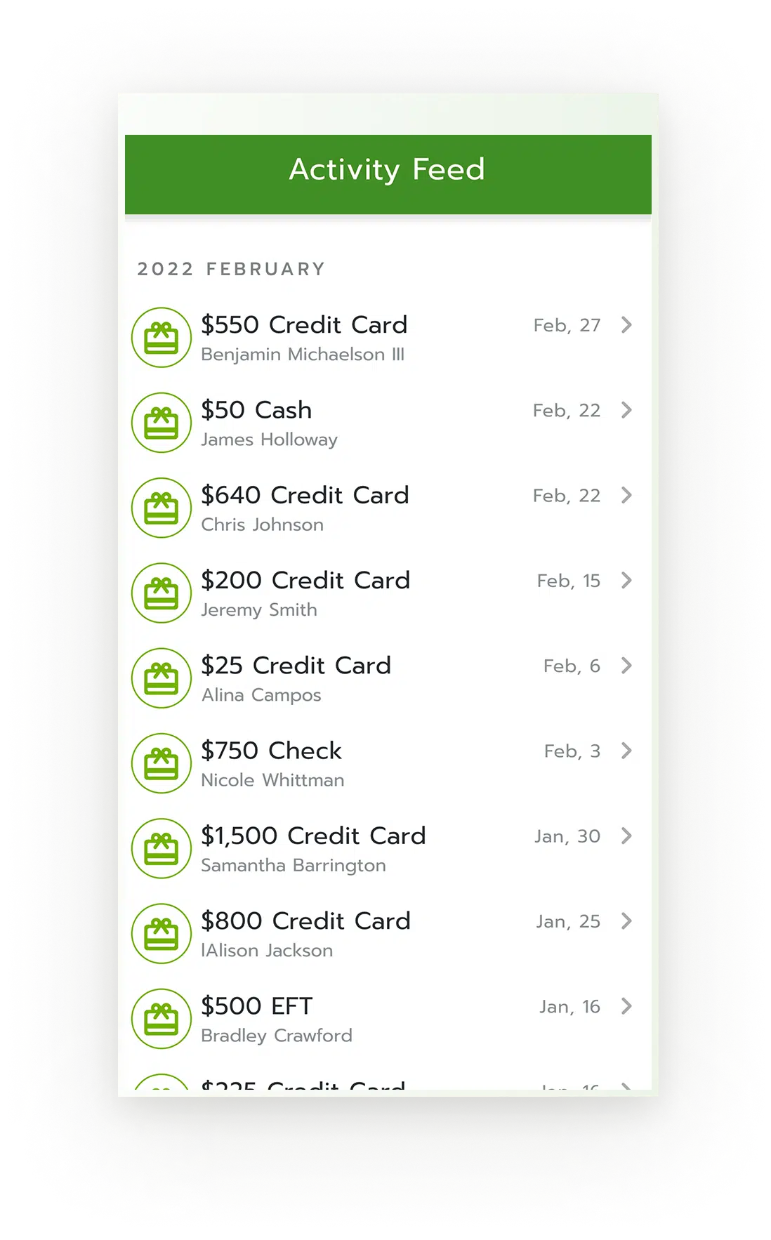 An app feed displays all the recent donations a nonprofit has received.