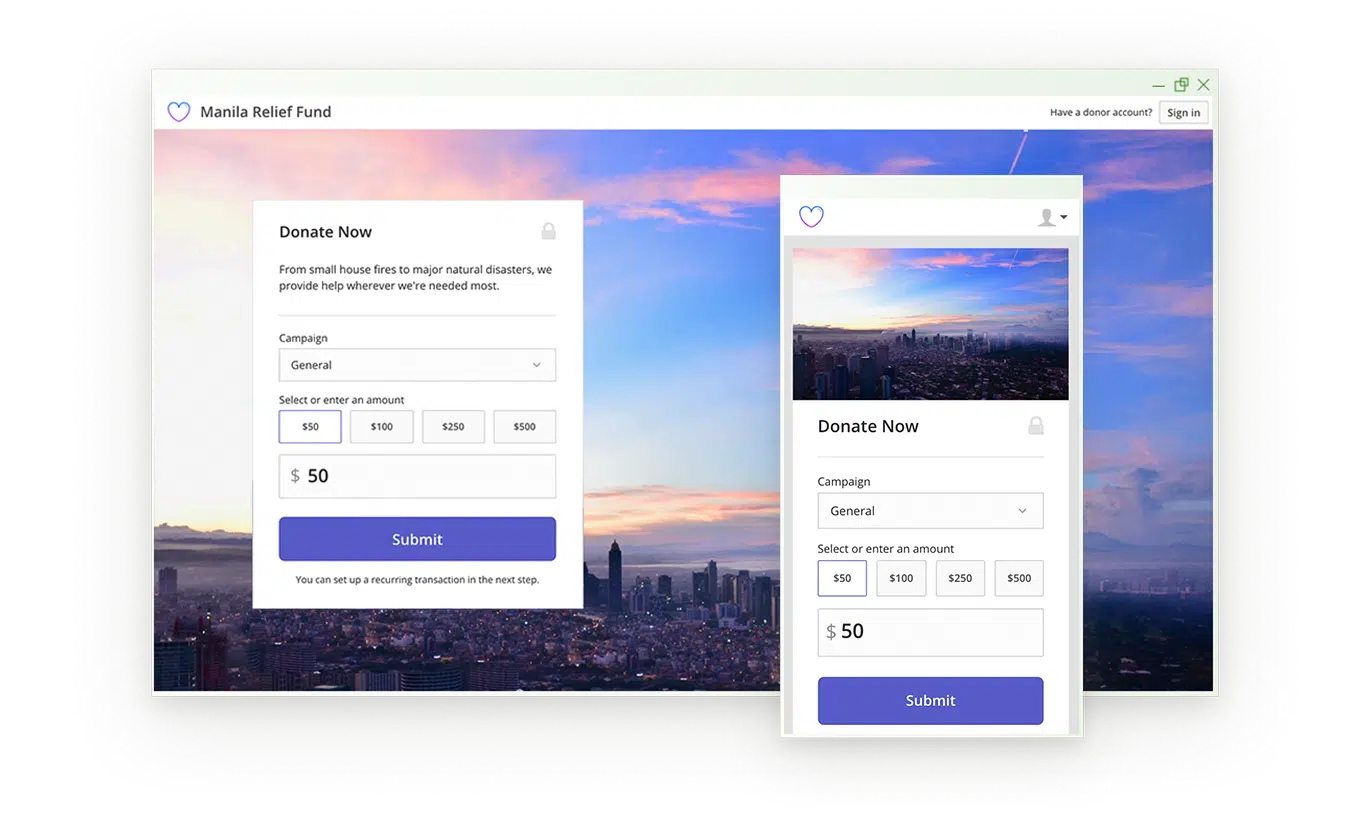 User Interface for Mobile devices and Desktop for Online Giving Tools