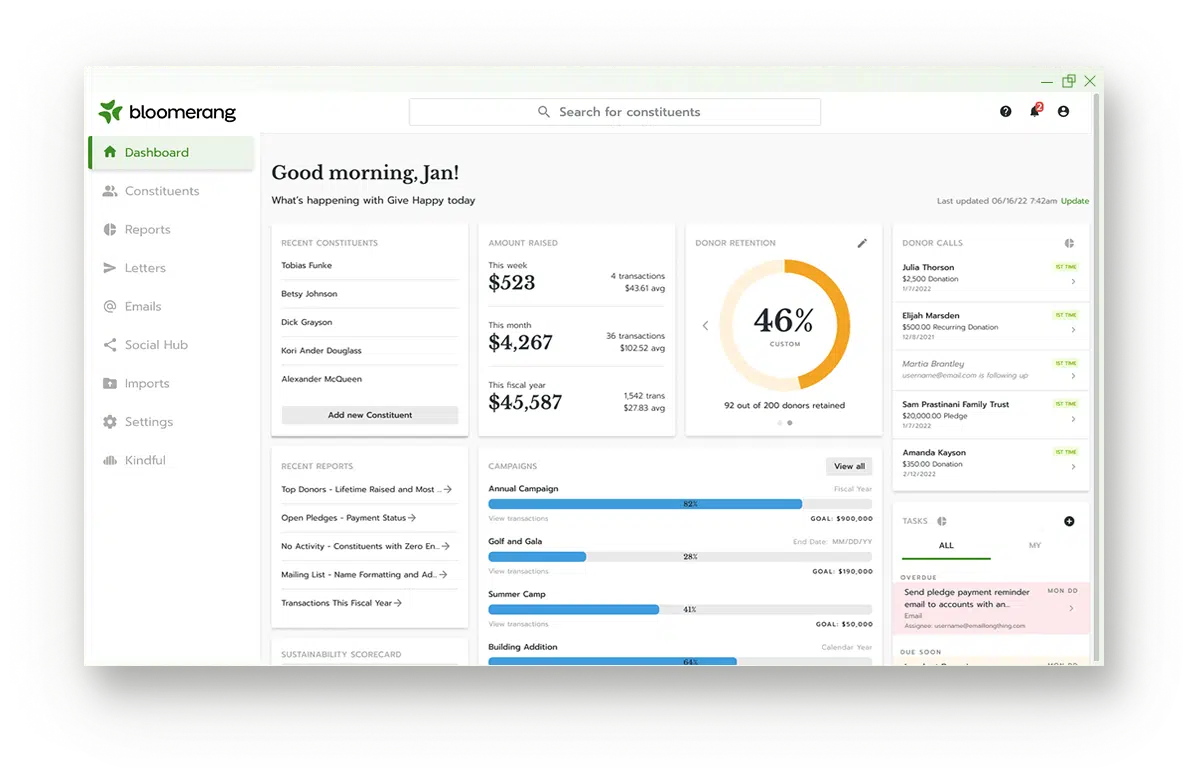 Bloomerang's Donor Database Dashboard is shown, highlighting key metrics of an example nonprofit called "Give Happy." Easily viewable metrics such as Recently Joined Constituents, Tasks for the nonprofit team to complete, current fundraising campaigns, quick links to previous reports, and a dial chart of a nonprofit's donor retention rate.