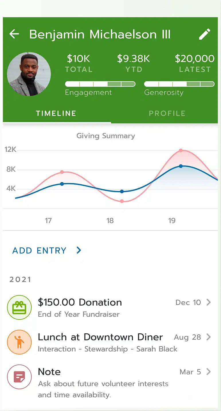 The Bloomerang mobile app displays key information about your donors.