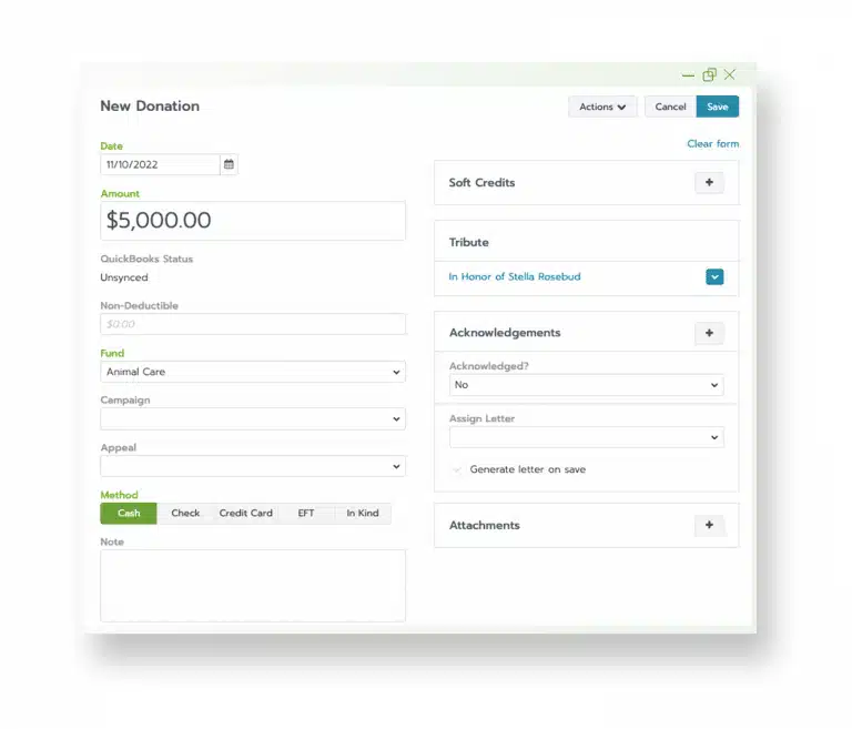 This screenshot shows how Bloomerang logs tribute donations in the donor management system. 
