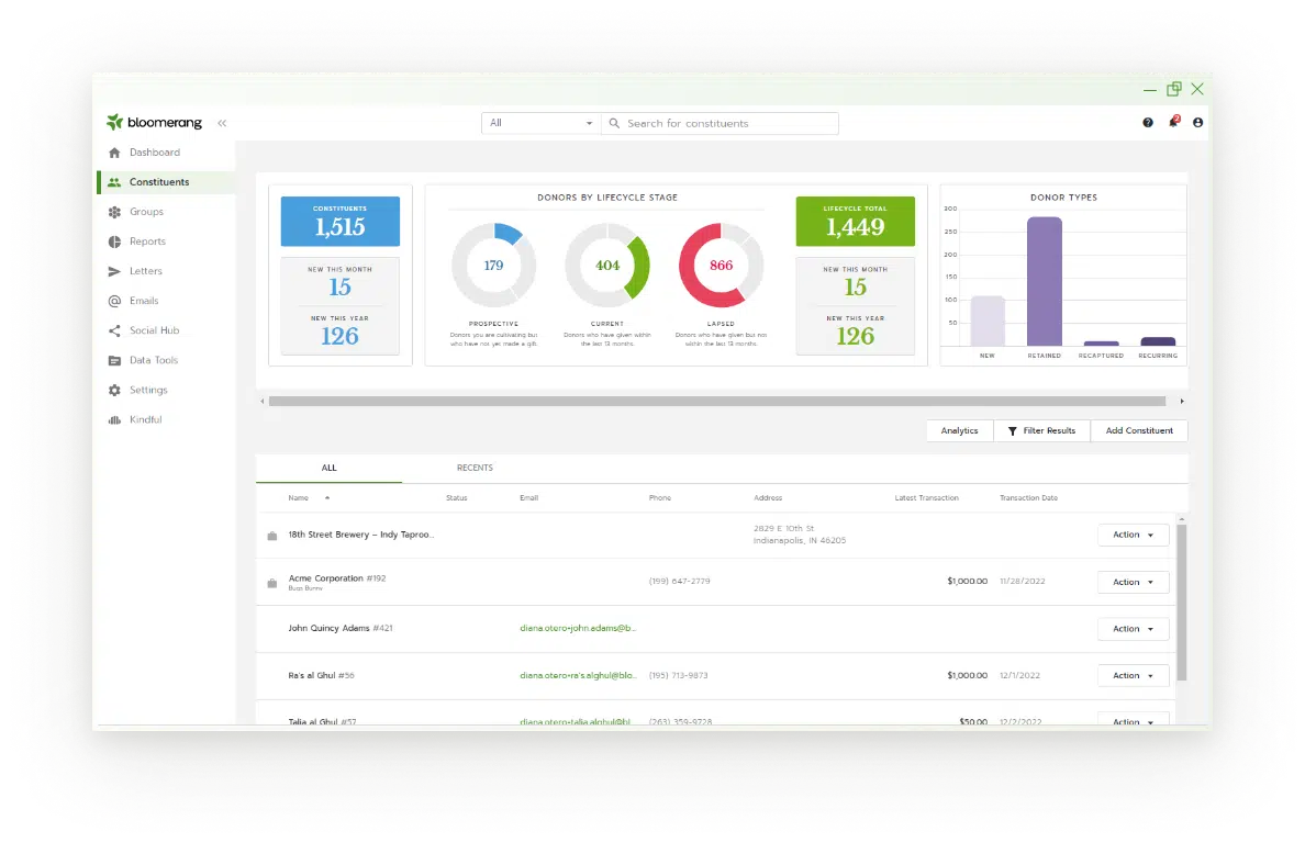 Bloomerang dashboard UI for nonprofits.