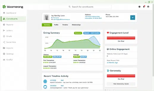 Bloomerang's constituent summary allows for nonprofits to see important metrics on their donors.