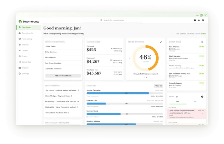 This image shows Bloomerang's donor management software.