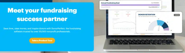 This image shows the homepage for DonorPerfect, a popular donor management system.