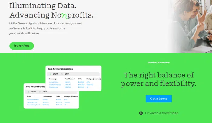 This image shows the homepage for Little Green Light, a donor management software system.