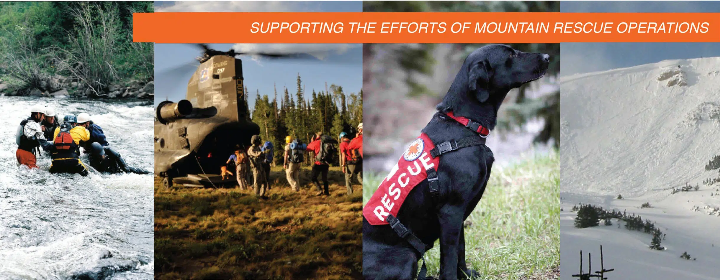 collage showing images of white water rafting, helicopter rescue, rescue dog, and avalanche