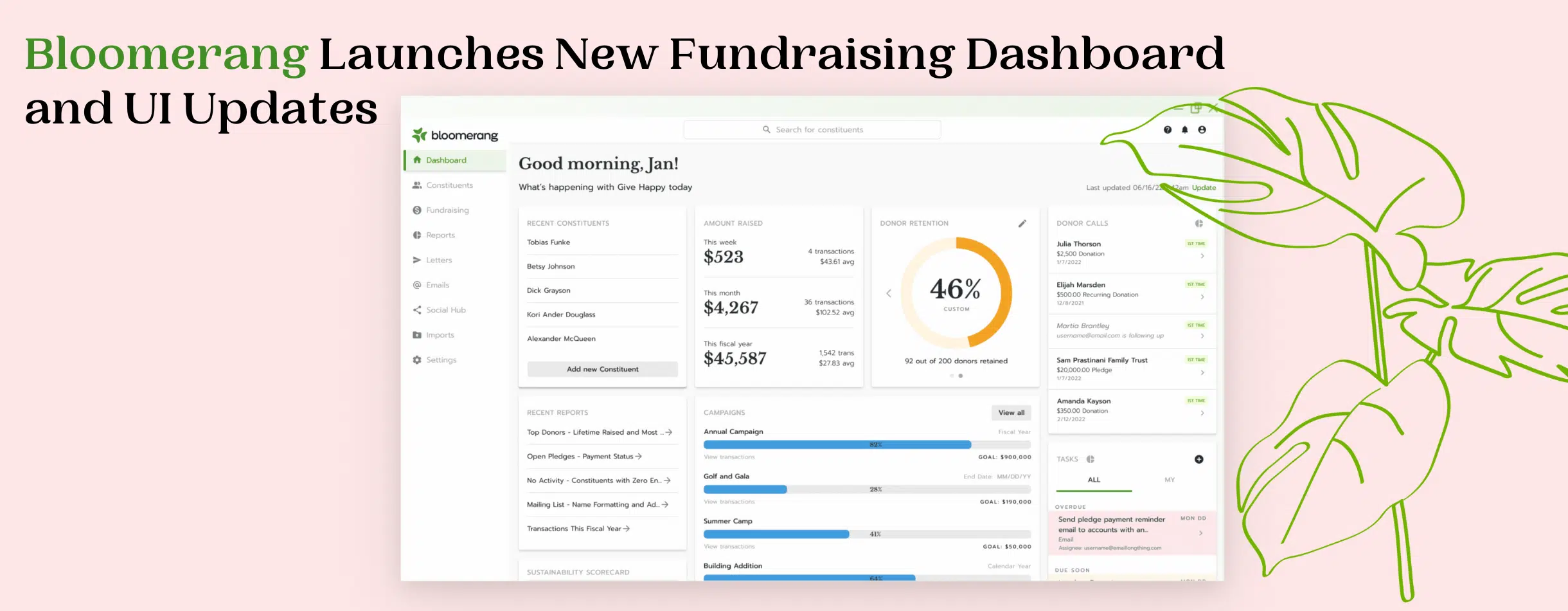 Bloomerang dashboard announcement