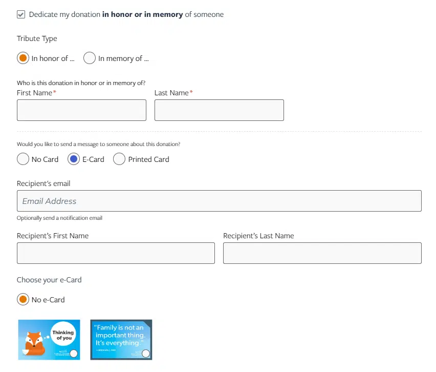 This image shows the Michael J. Fox Foundation’s memorial donation notification option on their online giving page. 