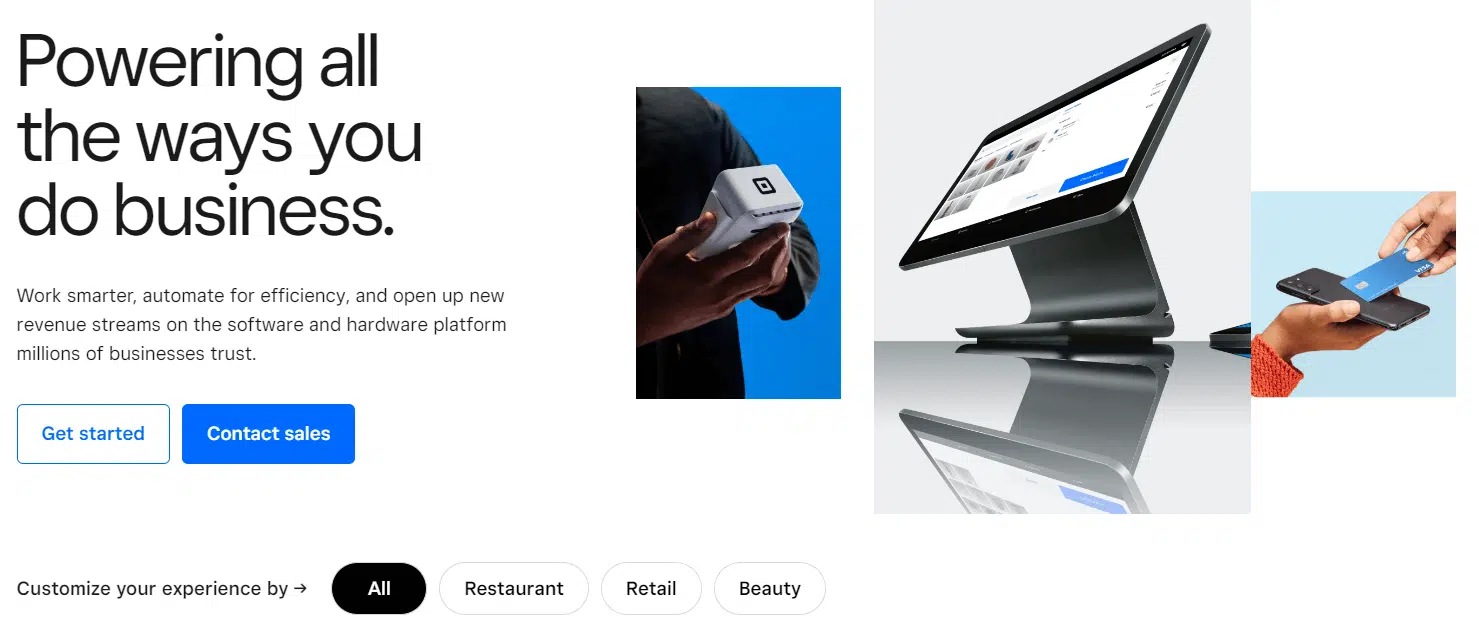 Screenshot of the Square homepage, a payment processing option for nonprofits