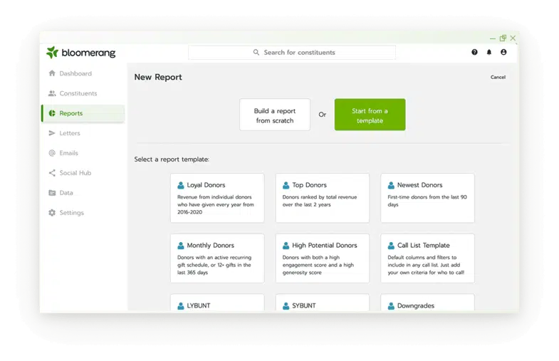 This image shows the types of customized reports you can create using Bloomerang’s nonprofit CRM.