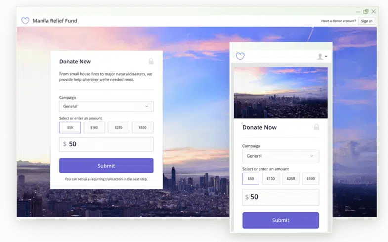 This is an example of a mobile-friendly donation page created with the help of Bloomerang’s nonprofit CRM. 