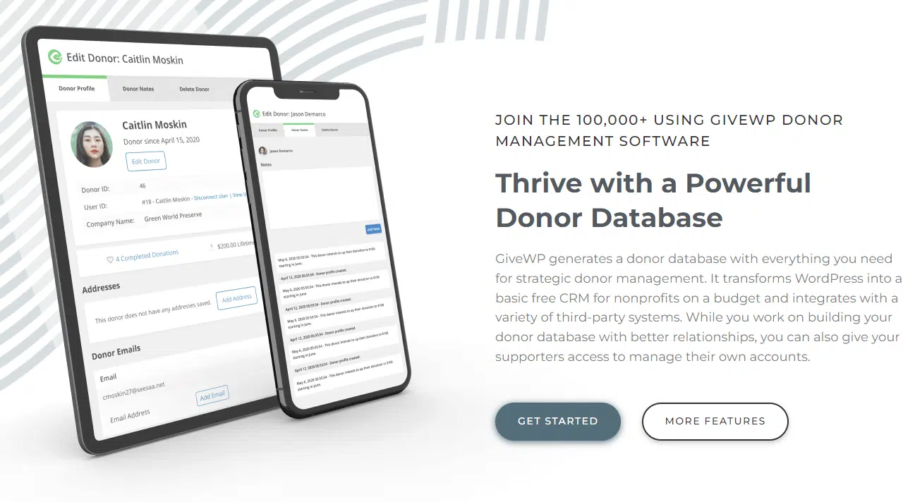 Screenshot of the GiveWP homepage, a CRM for nonprofits