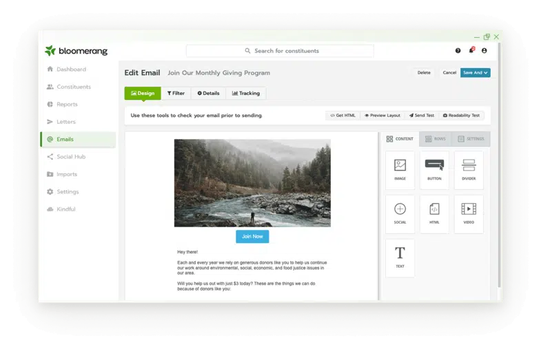 This image shows the marketing tools available in Bloomerang’s nonprofit CRM. 