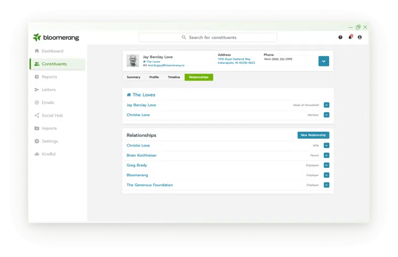 This image shows what donor profiles look like in Bloomerang’s nonprofit CRM.