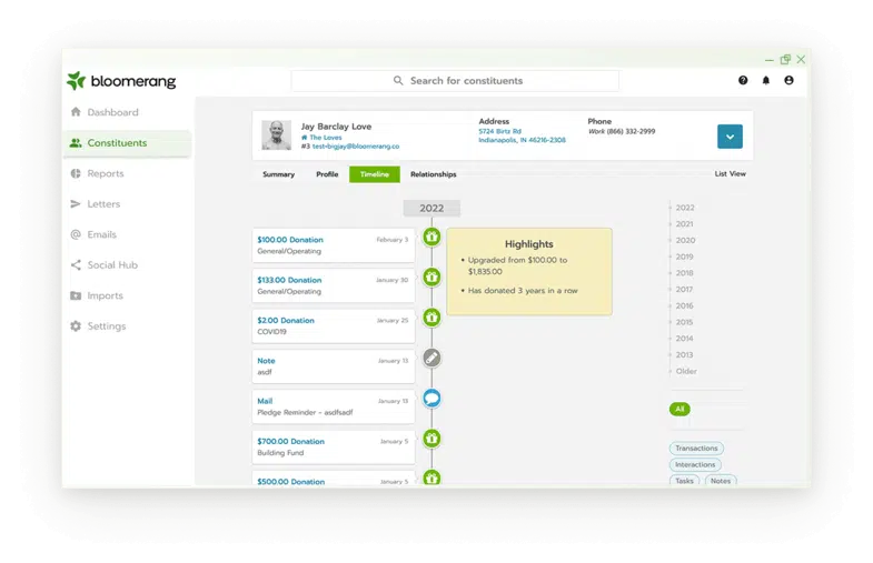 This is an example of what supporter timelines look like in Bloomerang’s nonprofit CRM. 