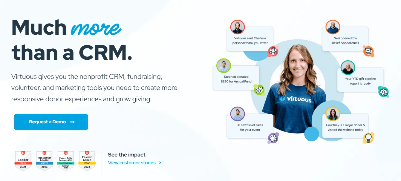 Screenshot of the Virtuous homepage, a nonprofit CRM