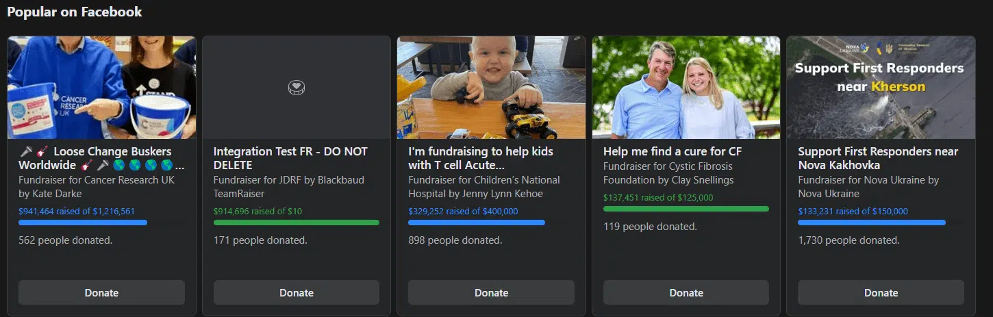 This image shows examples of Facebook fundraisers. 