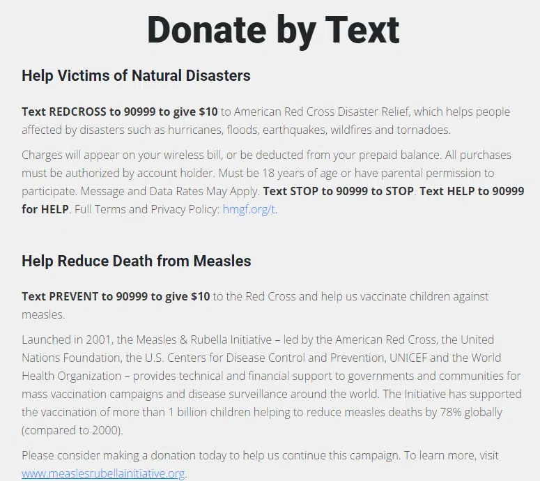 This screenshot shows the American Red Cross text to donate options.