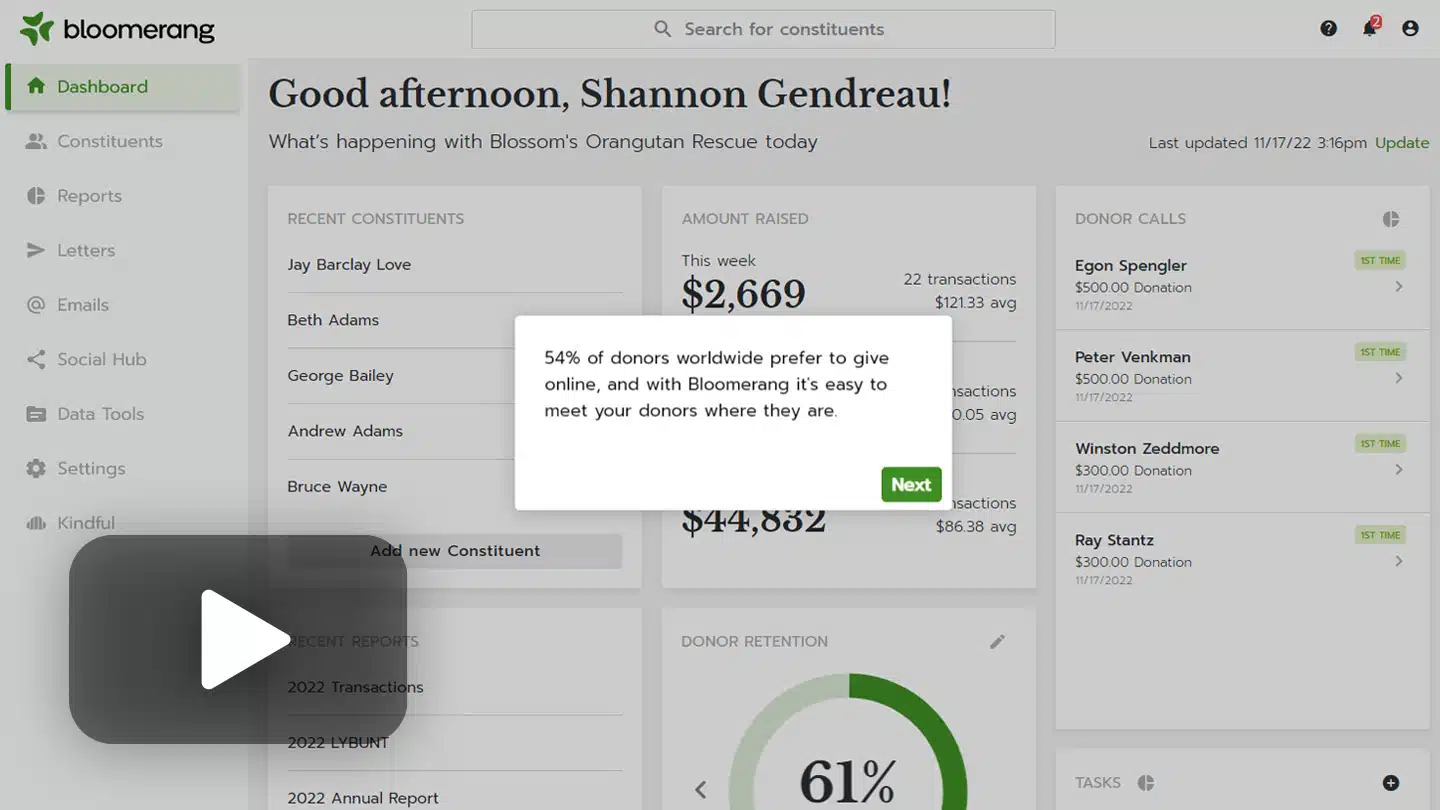 Online Giving Bloomerang Product Tour