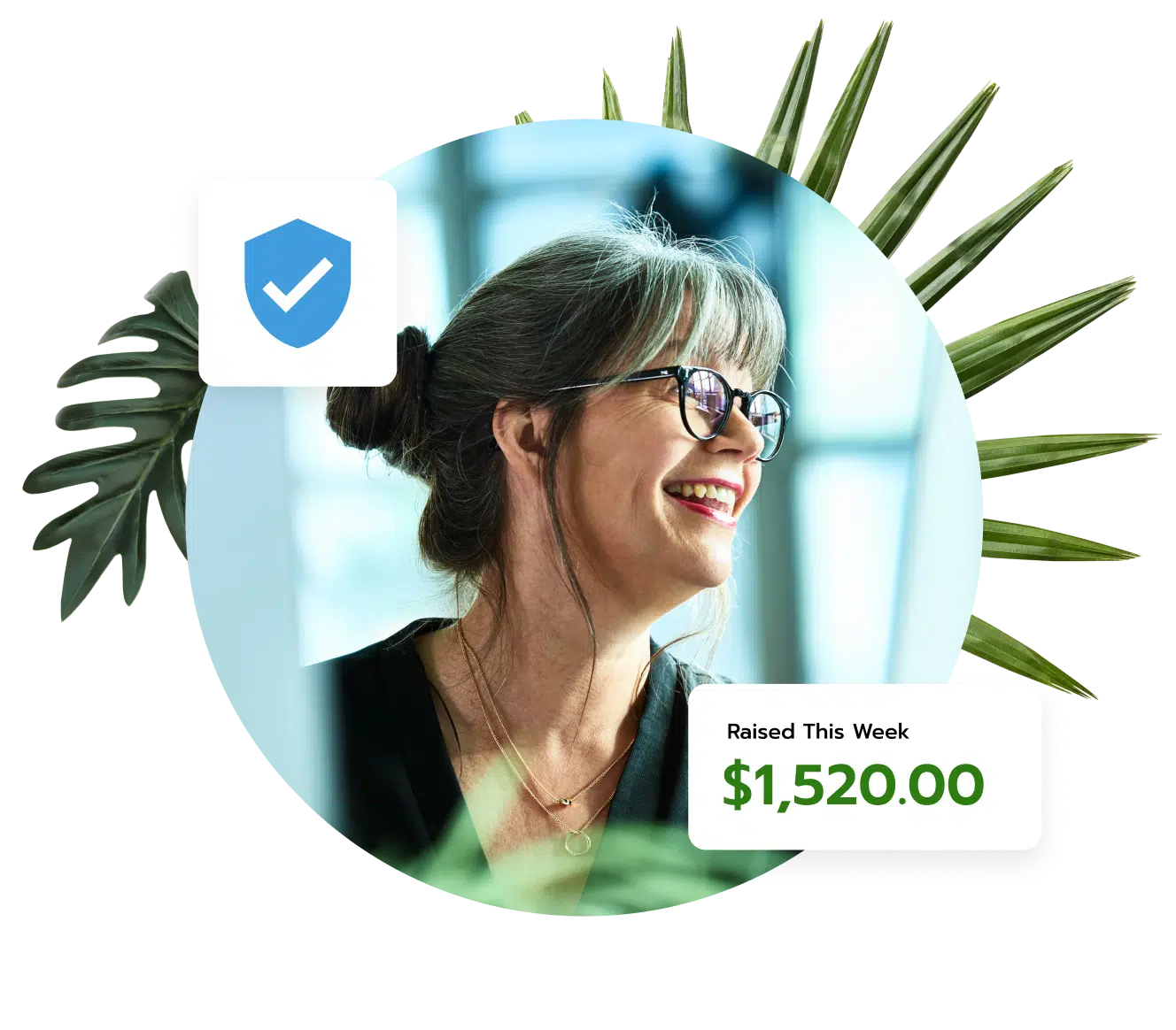 Women smiling and looking towards the right. An icon shows an example of Raising $1,520.00 this week using Bloomerang