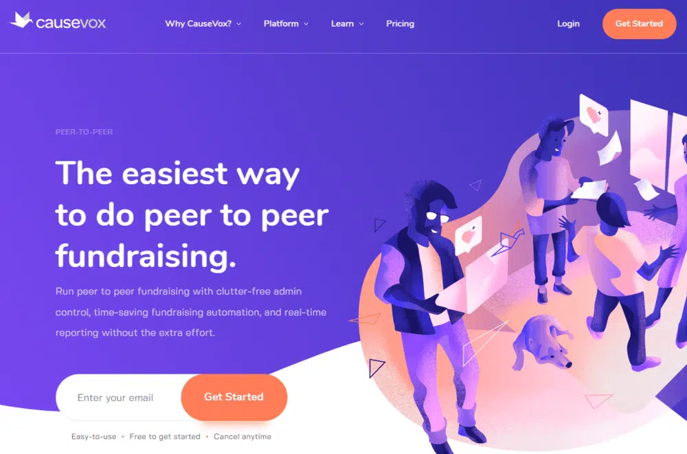 This image shows information about CauseVox’s peer-to-peer fundraising software.