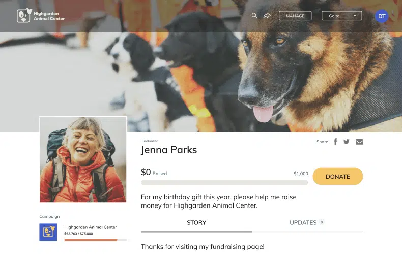 This image shows an example of a campaign on Classy’s peer-to-peer fundraising platform.
