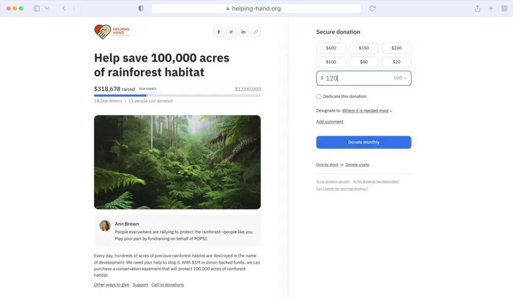 This image shows an example of a peer-to-peer fundraising campaign on Fundraise Up’s platform. 