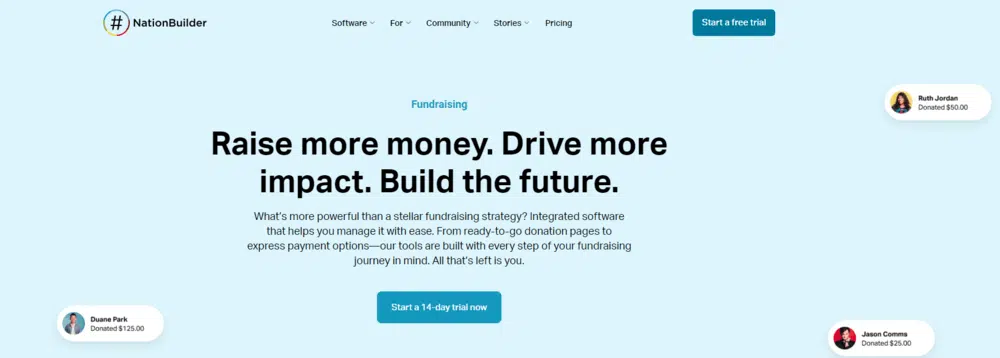 This screenshot shows information about NationBuilder’s peer-to-peer fundraising platform.