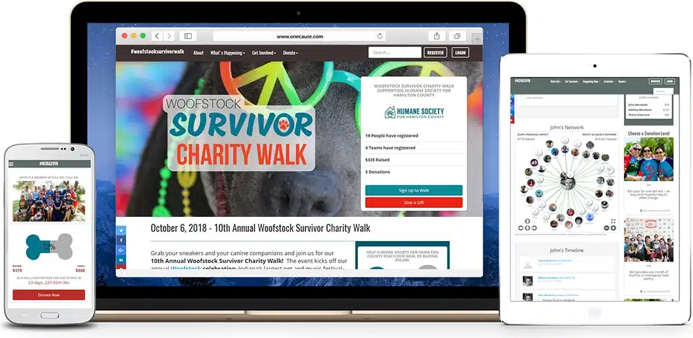 This image shows OneCause’s peer-to-peer fundraising software.
