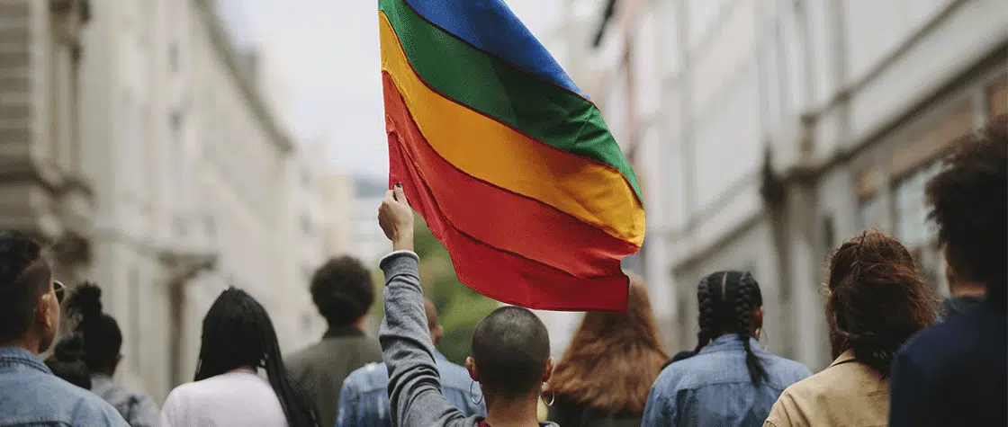 Pride flag lifted above crowd