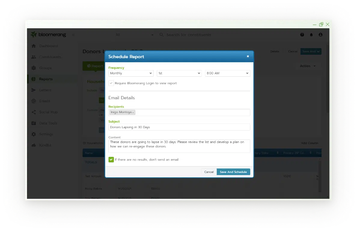 Schedule reports with Bloomerang for nonprofits.
