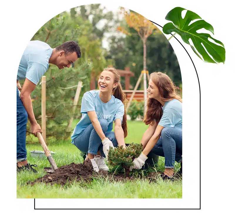 A man and two women volunteering and planting a bush outside.