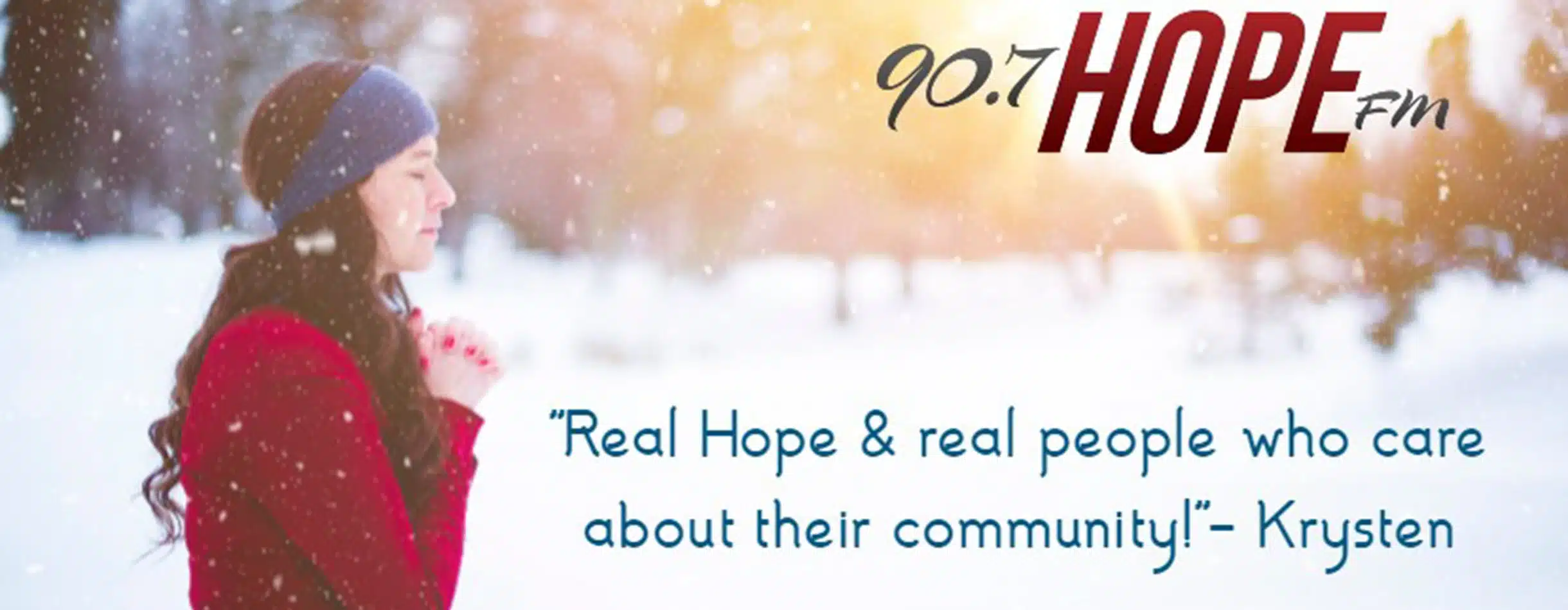 image of a woman kneeling and praying with a quote attributed to Krysten saying Real hope and real people who care about their community